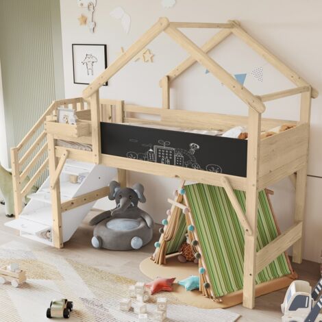 Lit Mezzanine Enfant-Protection Intégrale-Toit Design-Tableau à Peindre-3 Casiers Escalier-Pin MDF-Blanc-257x95x204cm-Sans Matelas