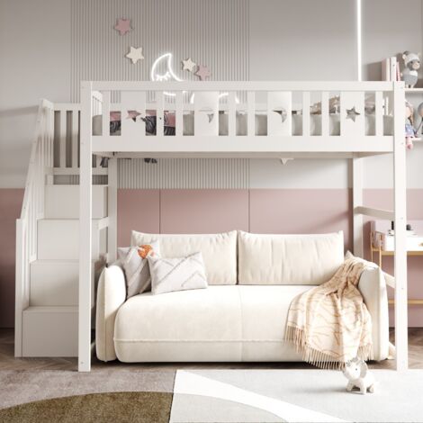 Lit Mezzanine Enfant Superposé-Bois Massif avec Escalier-Garde-Corps Sécurité-Décor Étoiles-Lune-Blanc-253x145x171cm-Sans Matelas
