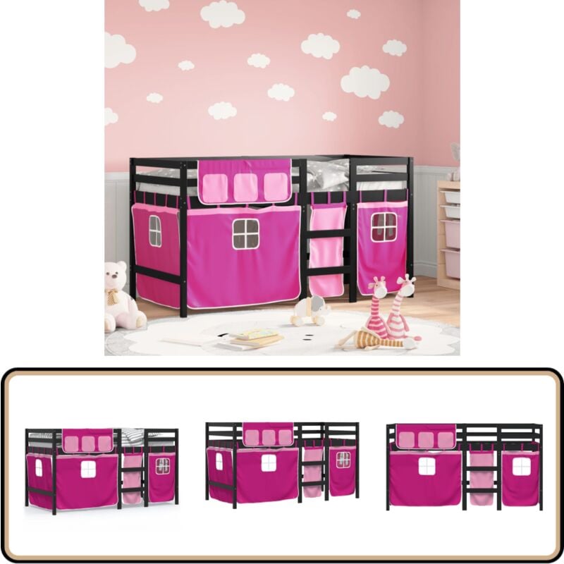 Lit mezzanine enfants avec rideaux sans matelas rose 90x190 cm - Lit Mezzanine Enfant - Lit Plateforme Enfant - Lit Design Enfant - Meuble Enfant