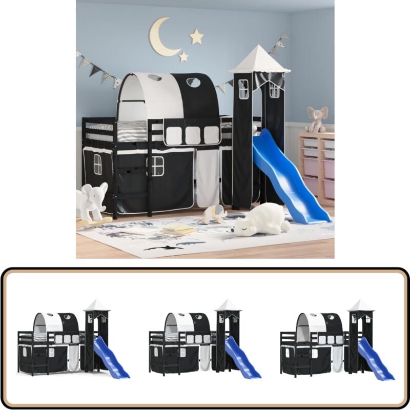 Lit mezzanine enfants avec tour sans matelas 90x190 cm - Lit Mezzanine Enfant - Lit Cabane - Lit Double Niveau - Mobilier Enfant - Décoration Chambre