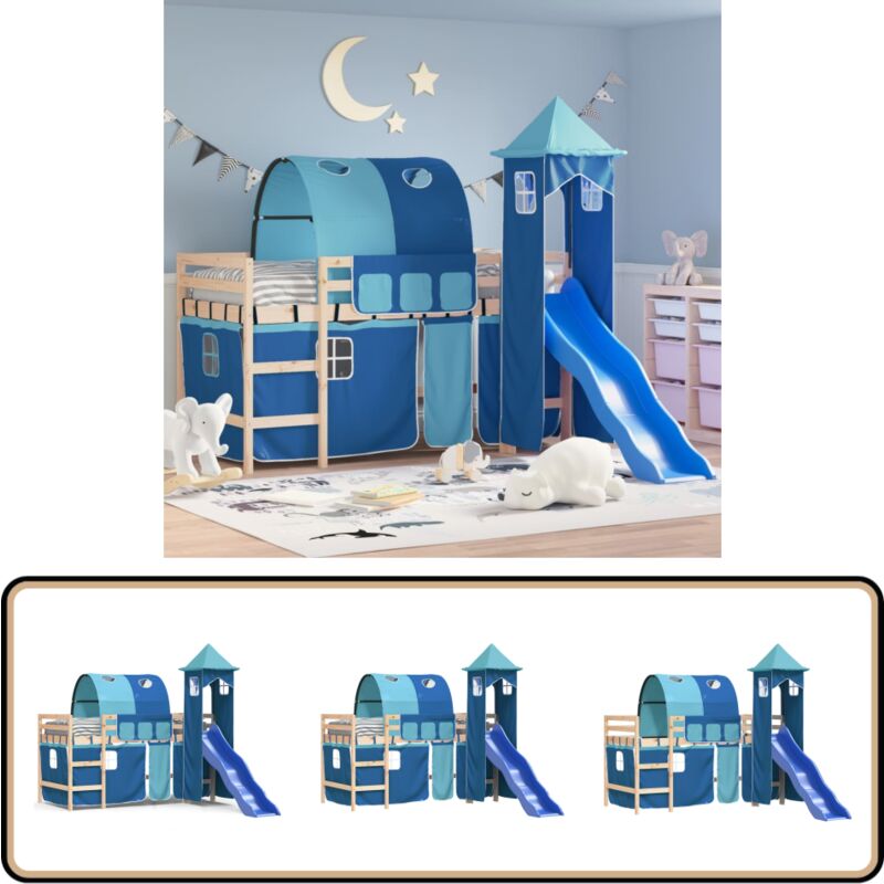 Lit mezzanine enfants avec tour sans matelas bleu 80x200 cm - Lit Mezzanine Enfant - Lit Cabane - Lit Avec Toboggan - Lit Évolutif - Mobilier Enfant