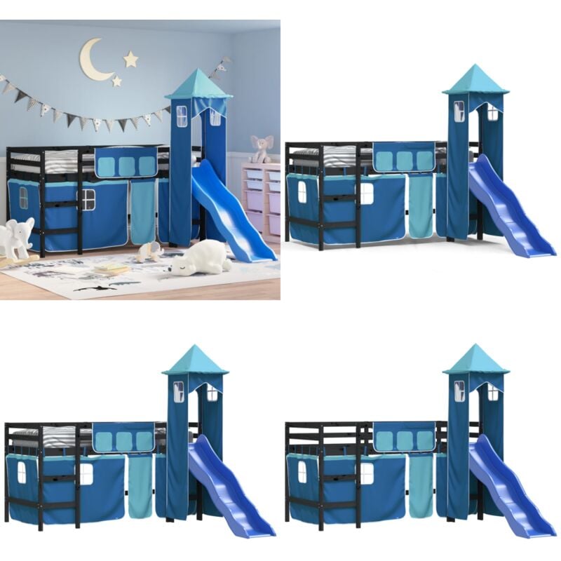 Lit mezzanine enfants avec tour sans matelas bleu 90x190 cm - Lit Mezzanine Enfant - Lit Cabane - Lit Double Niveau - Lit Avec Toboggan - Lit Design