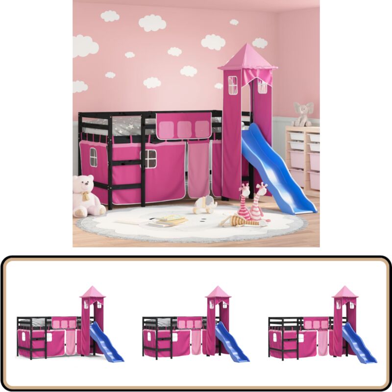 Lit mezzanine enfants avec tour sans matelas rose 90x190 cm - Lit Mezzanine Enfant - Lit Cabane - Lit Double Niveau - Lit Design Enfant - Mobilier