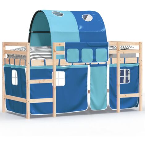 Lit mezzanine enfants avec tunnel bleu 90x190 bois pin massif