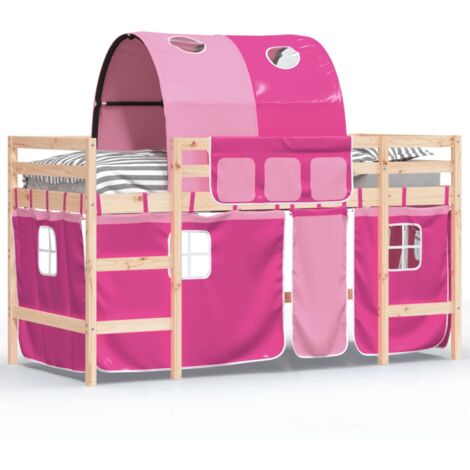 Lit mezzanine enfants avec tunnel rose 90x190 bois pin massif