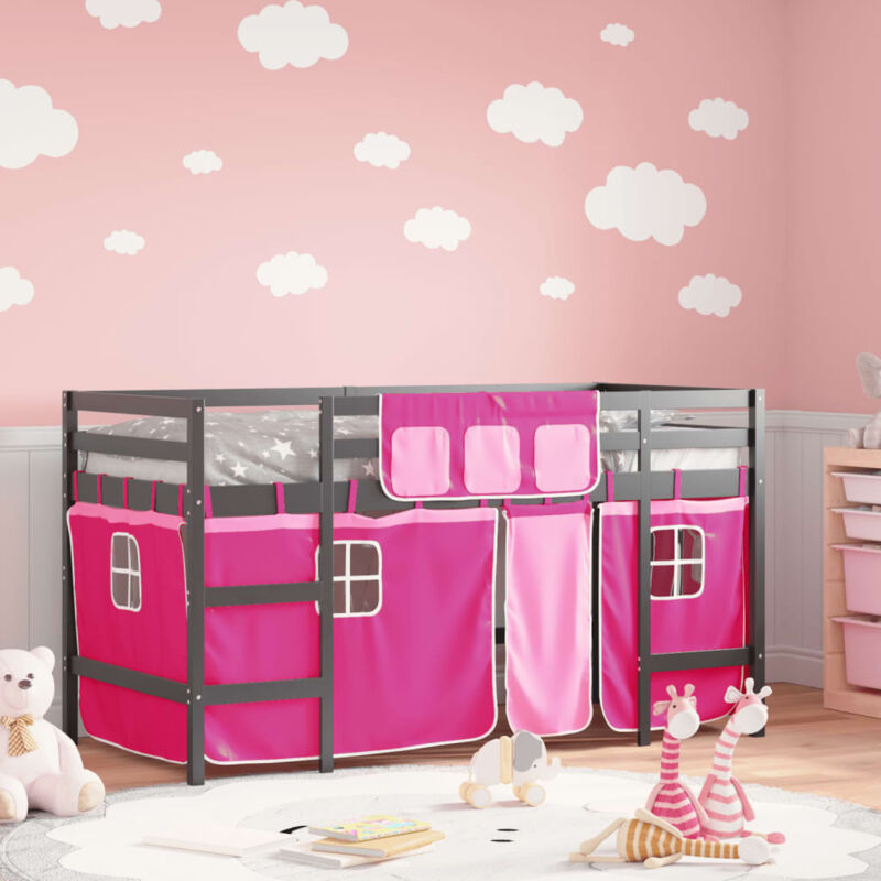 Lit mezzanine enfants et rideaux rose 90x200cm bois pin massif