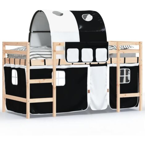 Lit mezzanine enfants et tunnel blanc-noir 90x190 pin massif