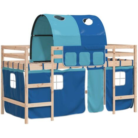 Lit mezzanine enfants，Lit simple avec tunnel bleu 80x200cm bois pin massif CFW52259