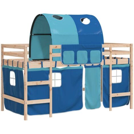 Lit mezzanine enfants，Lit simple avec tunnel bleu 90x190cm bois pin massif CFW52264