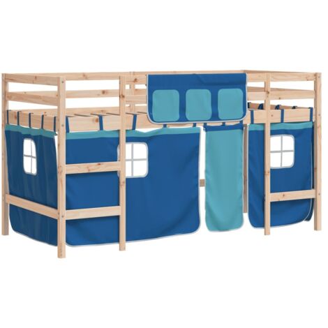 Lit mezzanine enfants，Lit simple et rideaux bleu 90x190cm bois pin massif CFW52321