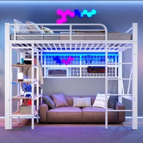 Lit Mezzanine-fer structure- rangement sous lit-filet suspension-tringle vêtements-LED intégré-204x95x180cm-Sans Matelas