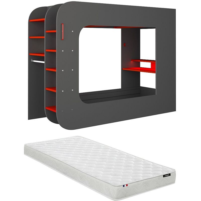 Lit mezzanine gamer 90 x 200 cm - Avec bureau et rangements - Avec LEDs - Anthracite et rouge + matelas - WARRIOR