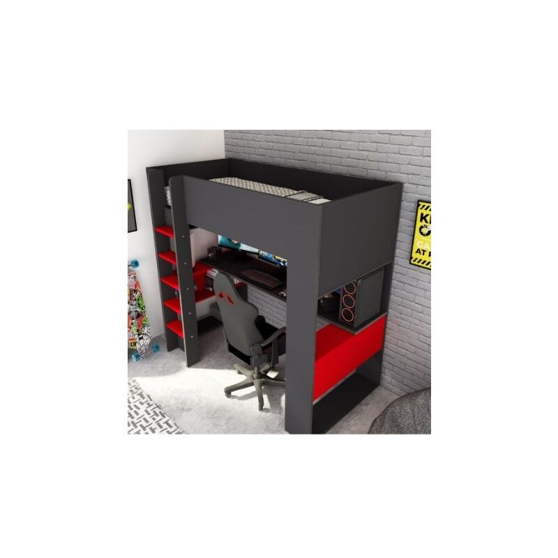 Abitare - Lit mezzanine 205x183 cm noir graphite et rouge avec bureau - Larice