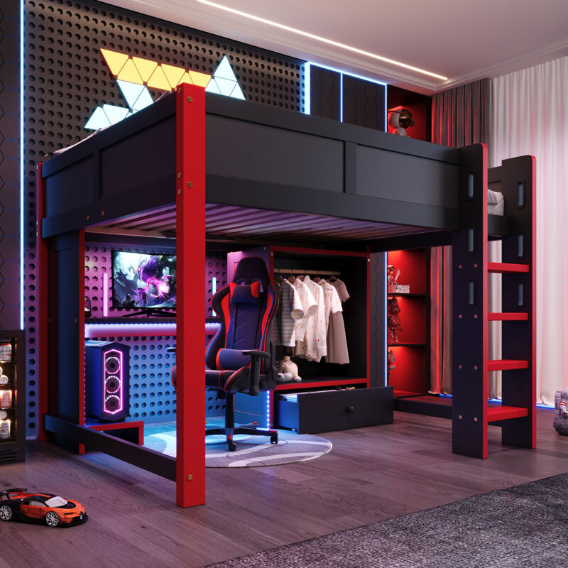 Lit mezzanine gaming 140x200 avec led & bureau, lit combiné avec armoire & grands tiroirs, design gamer moderne & gain de place complet, noir et rouge
