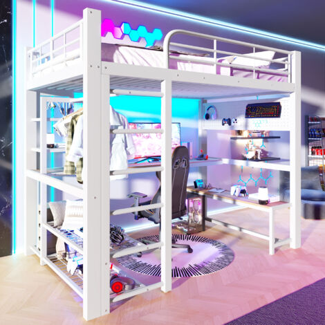 Lit mezzanine gaming 140x200 cm, cadre métallique, bureau bois, LED connectées, penderie et panneau perforé - Rangements intégrés - Blanc
