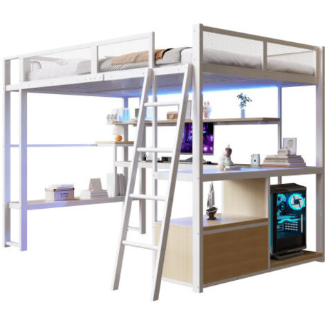 Lit mezzanine gaming métal 140 x 200 cm avec éclairage led, bureau intégré et nombreux rangements, design fonctionnel gain de place, blanc