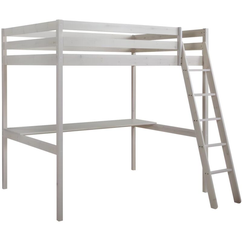 Vente-unique - Lit mezzanine gedeon ii - 140 x 190 cm - Avec bureau - Pin massif - Blanchi