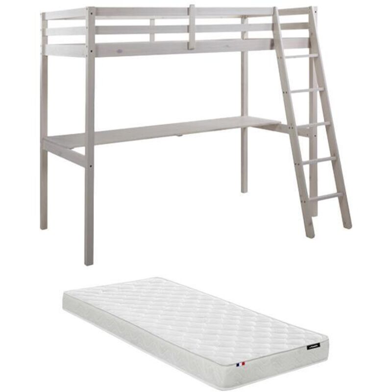 Vente-unique - Lit mezzanine gedeon ii - 90 x 190 cm - Avec bureau - Pin massif - Blanchi + matelas