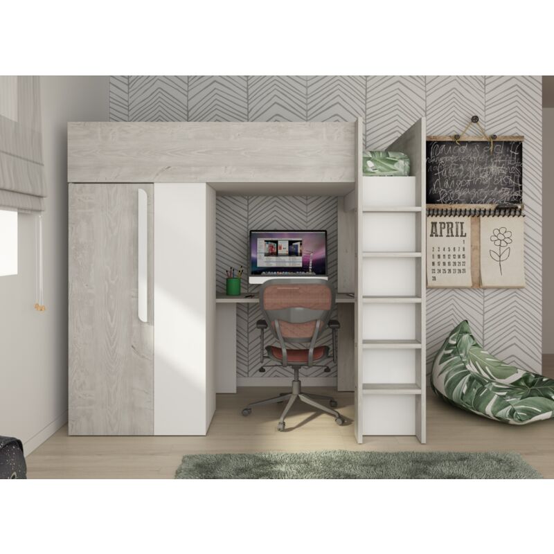 Lit mezzanine 205x183 cm avec armoire et bureau blanc mat et chêne - Armenia