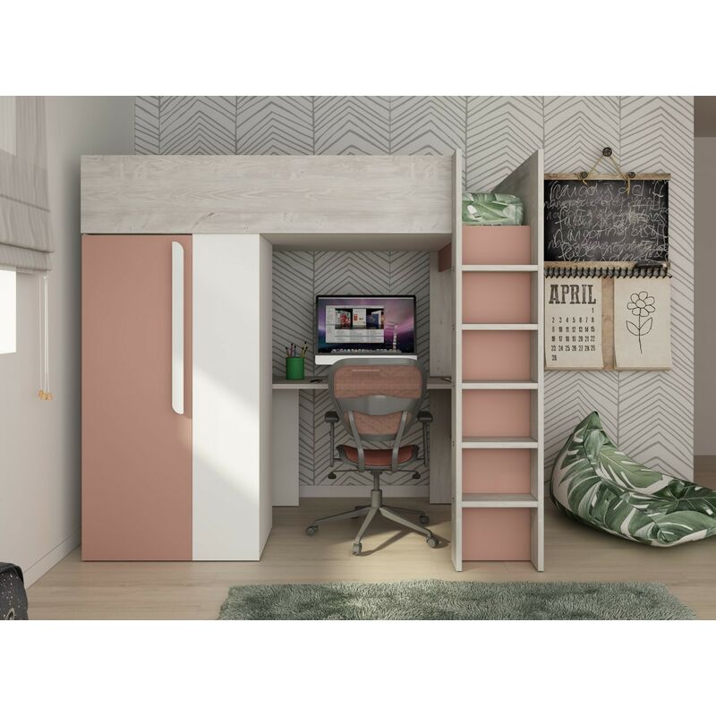 Lit mezzanine 205x183 cm avec armoire et bureau rose antique blanc mat et chêne - Armenia