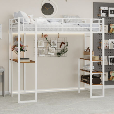 Lit mezzanine - lit 90x190 cm - bureau et étagères– structure fer robuste - Blanc - sans matelas