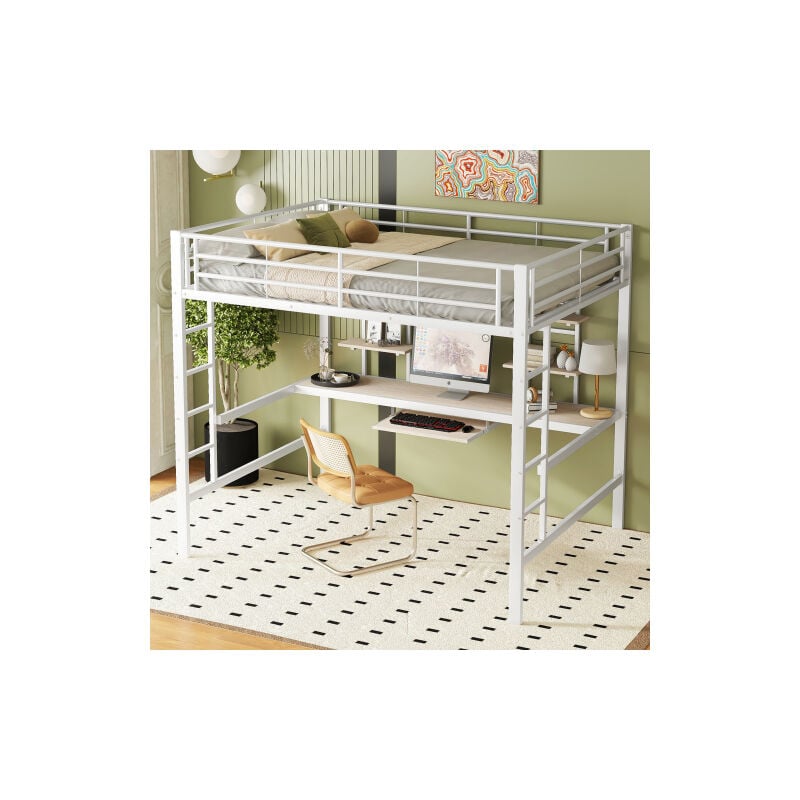 Lit mezzanine avec bureau, lit mezzanine ados 140x200 cm avec 2 étagères, lit mezzanine adulte, cadre de lit en métal, blanc