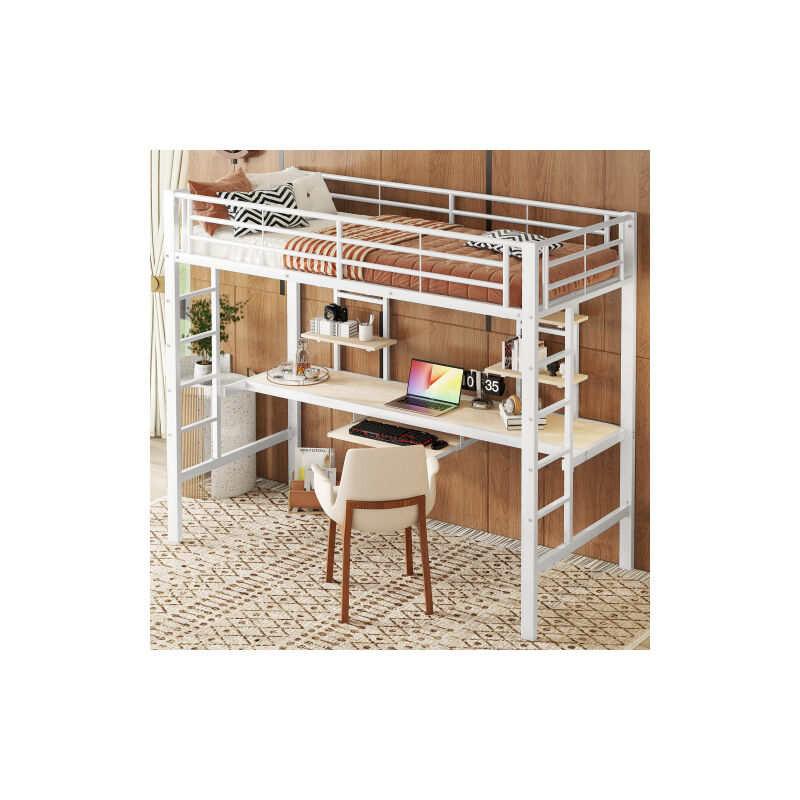 Lit mezzanine avec bureau, lit mezzanine enfant 90x200 cm avec 2 étagères, lit mezzanine ados, cadre de lit en métal, blanc