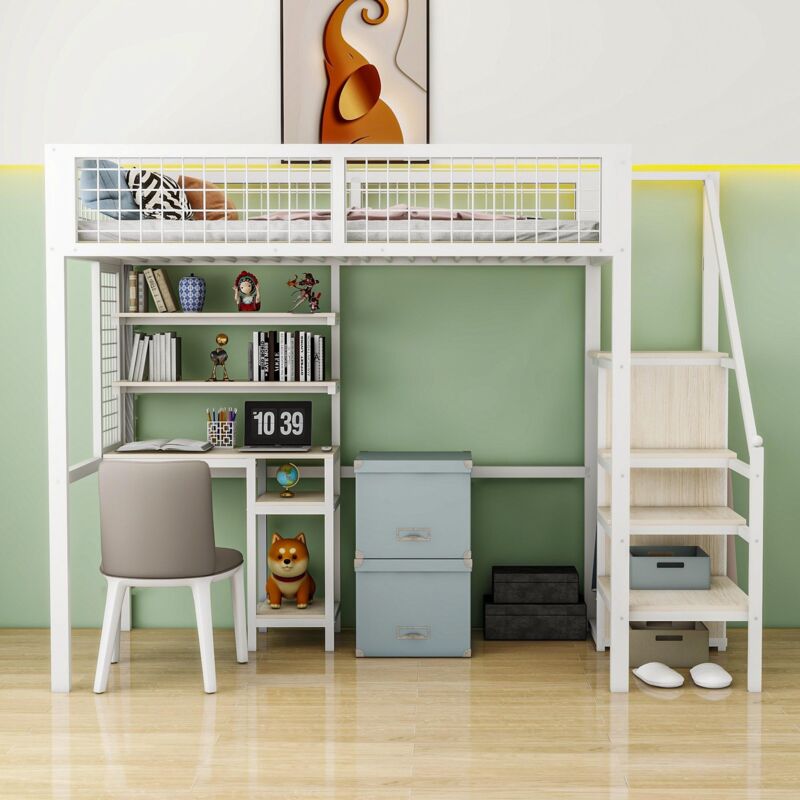 Lit mezzanine enfant 90x200cm - lit enfant avec échelle de sécurité, structure en fer et meuble de bureau d'ordinateur, structure en métal, style