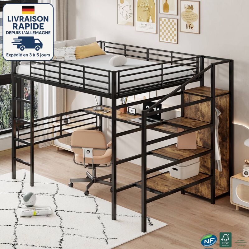 Lit mezzanine, lit enfant avec bureau, en métal, avec armoire ouverte, sans matelas, noir, 140x200cm