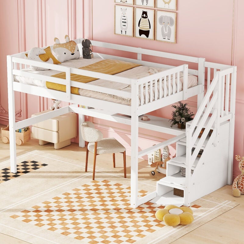 Hauss Spole - Lit mezzanine 140x200cm, lit enfant, avec tiroirs de rangement et bureau sous lit, sans matelas, blanc