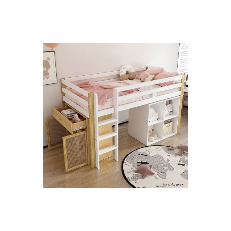 Lit mezzanine 90x200 cm, lit mezzanine enfant avec 2 placards de rangement et échelle, cadre de lit en bois, naturel et blanc