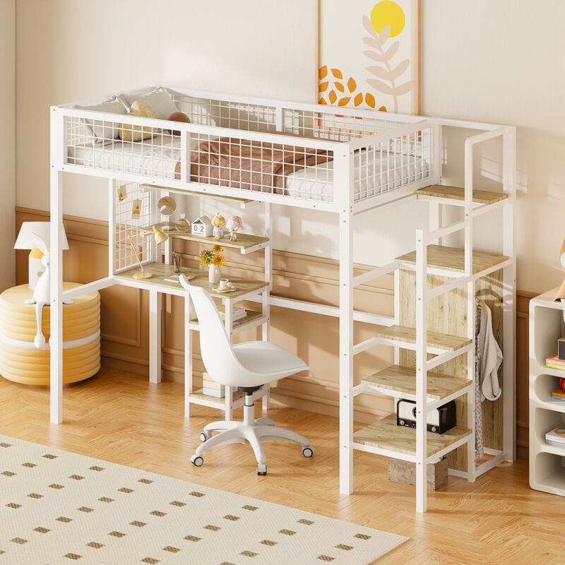 Hauss Spole - Lit mezzanine, lit enfant, support de rangement pour escalier, armoire simple+table, en métal, 90x200cm, blanc