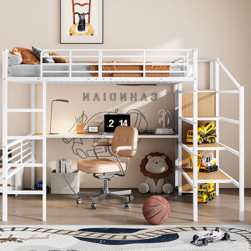 Lit mezzanine, lit jeune 140x200 cm, bureau, armoire ouverte, structure en fer, sans matelas, blanc