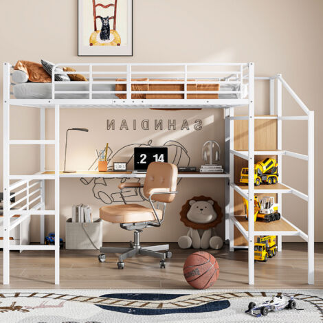 Lit mezzanine, lit jeune 140x200 cm, bureau, armoire ouverte, structure en fer, sans matelas, blanc