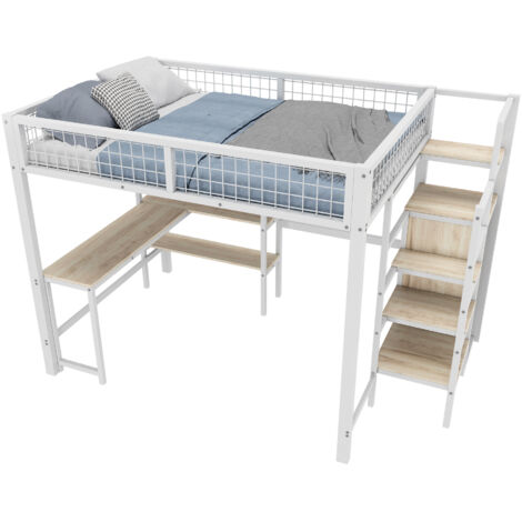 Lit mezzanine MDF et métal blanc 140x200 cm avec bureau, étagères et armoire intégrée, sans matelas