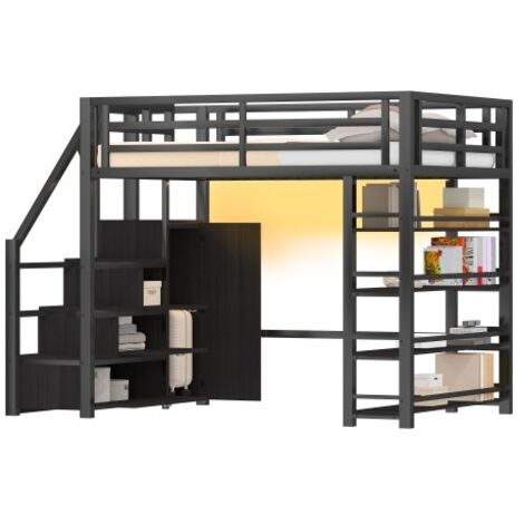 Lit mezzanine métal 140 x 200 cm avec éclairage led, étagères placards et armoire intégrés, rangement optimisé gain de place, noir
