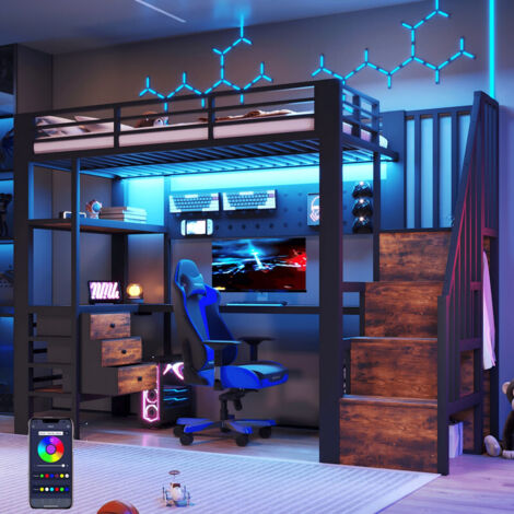 Lit Mezzanine métal 140x200 avec LED, Bureau et Port USB, Lit Superposé Enfant avec Rangements tiroirs, étagère et rambarde, Lit en Hauteur, Noir