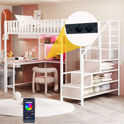 Lit Mezzanine métal 140x200 avec LED et Bureau Port USB, Lit Superposé Enfant 2 Places avec Armoire et Rangements escalier, À monter soi-même, Blanc