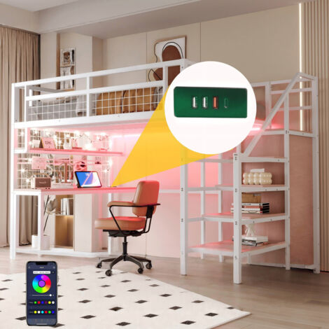 Lit Mezzanine métal 140x200 avec LED et Port USB, Lit Superposé Enfant avec échelle rangement, penderie, bureau et étagères, Lit 2 Places, Blanc