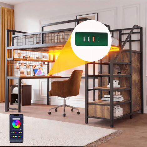 Lit Mezzanine métal 140x200 avec LED et Port USB, Lit Superposé Enfant avec échelle rangement, penderie, bureau et étagères, Lit 2 Places, Noir