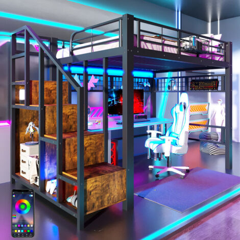 Lit Mezzanine métal 140x200 avec LED, Lit Superposé Enfant 2 Places avec panneau perforé et escalier rangement, Lit en Hauteu À monter soi-même Noir