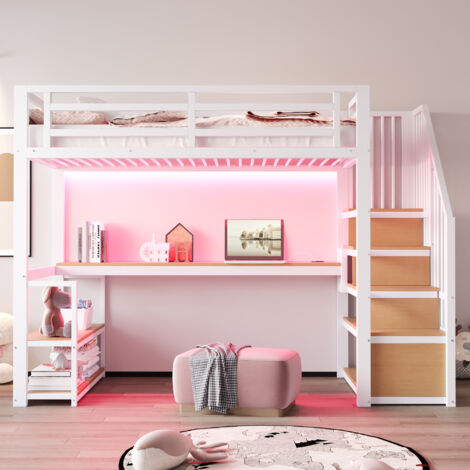 Lit mezzanine métal 90 x 200 cm avec éclairage LED - échelle de rangement - étagères et table - barrière de sécurité - blanc