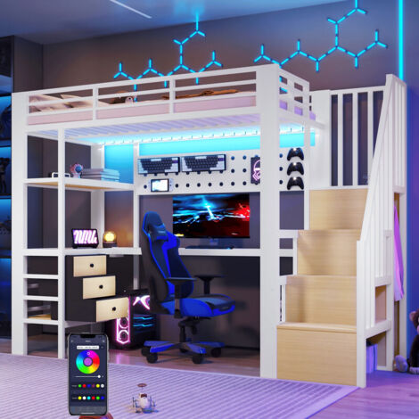 Lit Mezzanine métal 90x200 avec LED, Bureau et Port USB, Lit Superposé Enfant avec Rangements tiroirs, étagère et rambarde, Lit en Hauteur, Noir