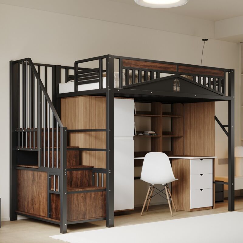 Lit mezzanine métal 90x200 noir - Garde-corps sécurisé avec fenêtre - Échelle avec rangement intégré (sans Matelas)