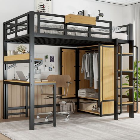 Lit mezzanine métal 90x200 cm, armoire double porte, escalier rampe, bureau, étagères et rangements intégrés, noir et naturel (sans Matelas)