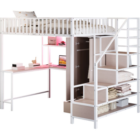 Lit mezzanine métal blanc 140x200 cm avec bureau, armoire, étagères, tiroirs, LED et prises, échelle rangement