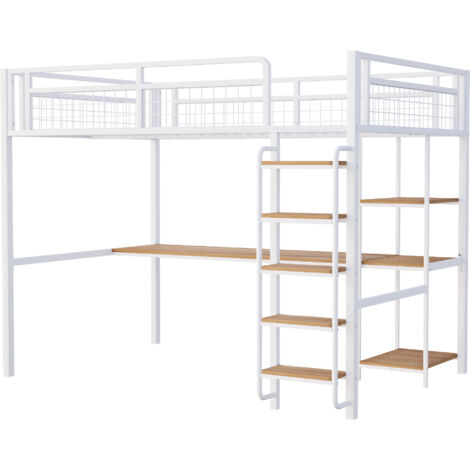 Lit mezzanine métal blanc 140x200 cm avec bureau et étagères, échelle sécurisée, garde-corps grillagé, sommier inclus