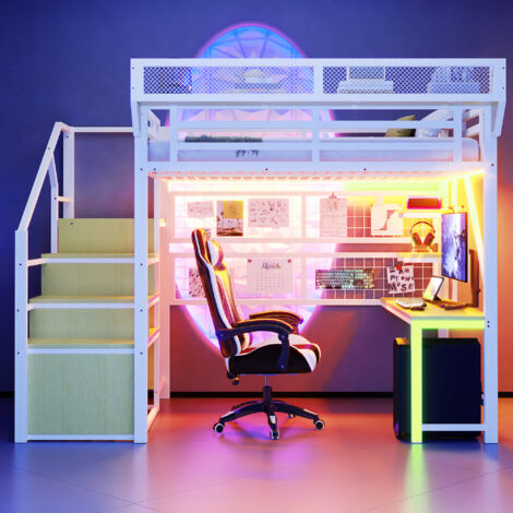 Lit mezzanine métal blanc 140x200 cm avec bureau, étagères, filet de rangement, LED et prises, échelle avec rangement