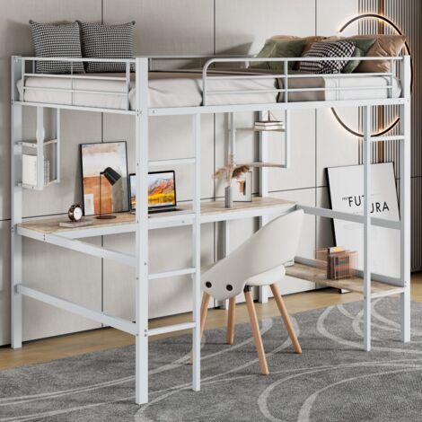 Lit mezzanine métal blanc 90x200cm avec bureau intégré, étagères et bibliothèque - Espace optimisé pour enfant/ado/adulte (sans Matelas)