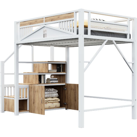 Lit mezzanine métal et bois blanc 140x200 cm avec escalier rangement, garde-corps fenêtre, sommier à lattes inclus